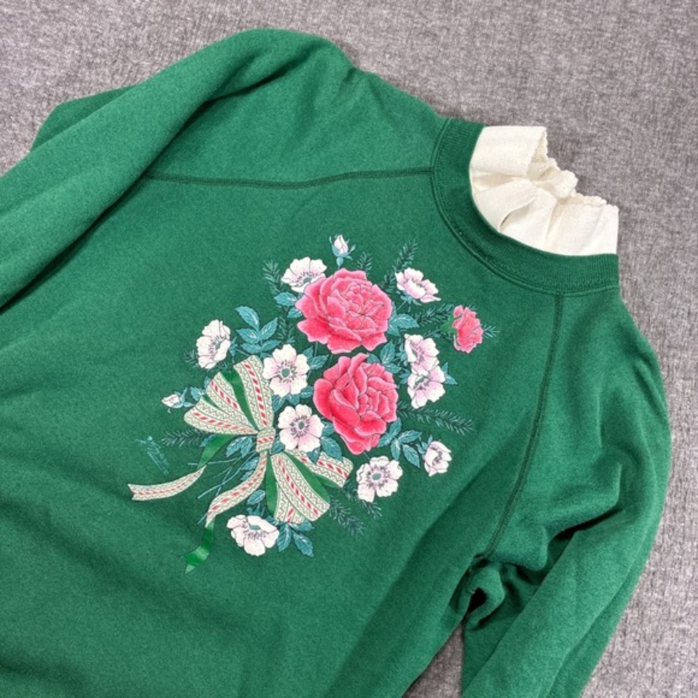 Vintage Morning Sun Sweatshirt Womens Large Green Floral Mock Neck 80s USA Made‎